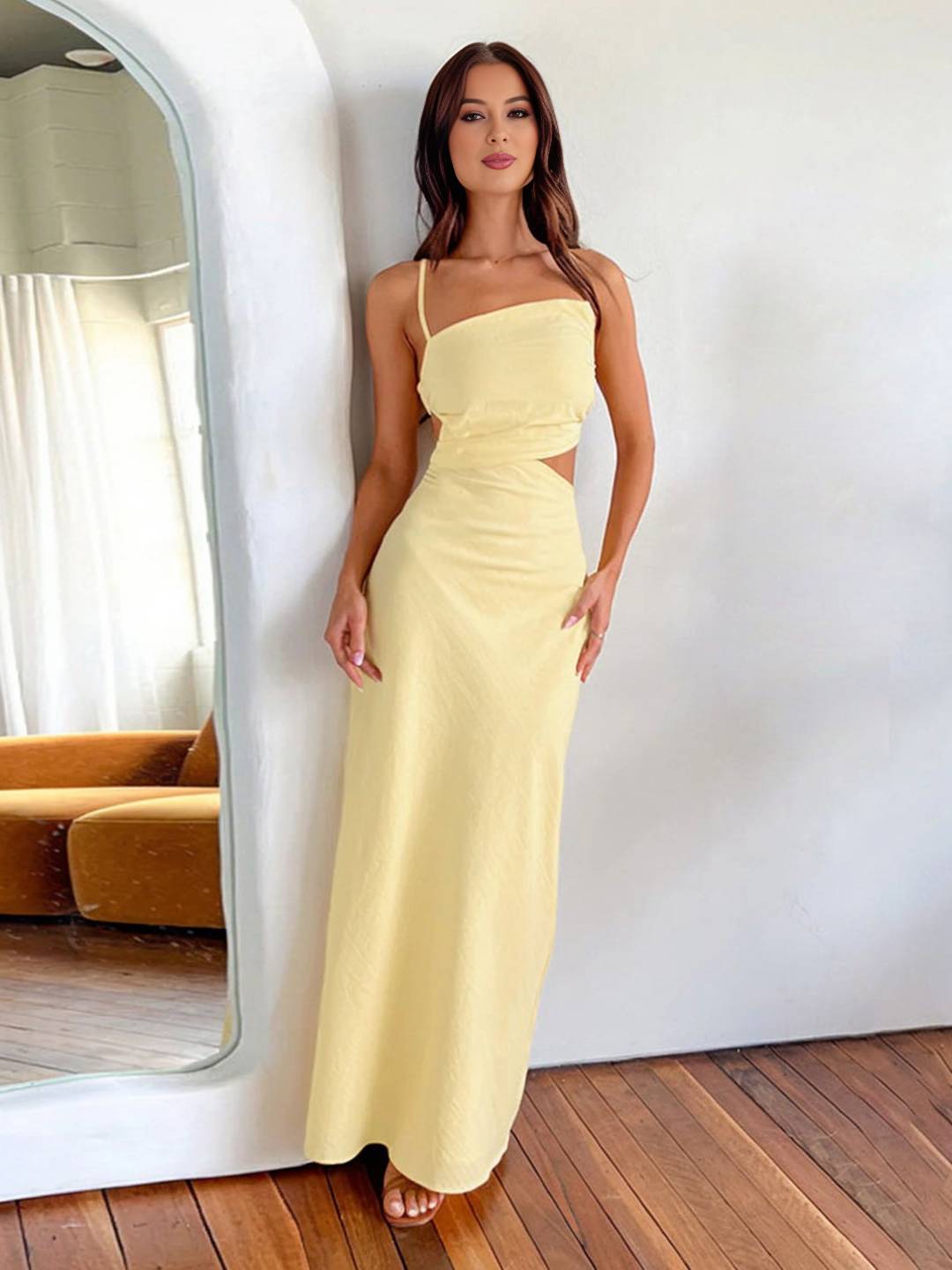 Cocolii robe longue découpes moulante dos nu à fines brides sans manches femme élégan casual de soirée hampetre de plage