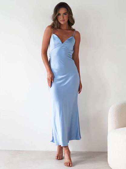 Cocolii longue robe en satin v-cou à fines brides dos nu sans manches femme casual élégant bal de promo de soirée pour mariage