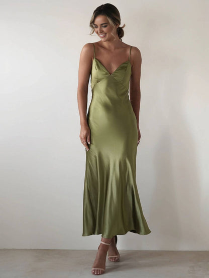 Cocolii longue robe en satin v-cou à fines brides dos nu sans manches femme casual élégant bal de promo de soirée pour mariage