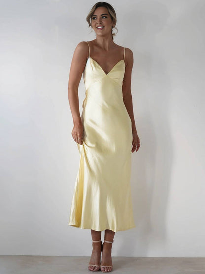 Cocolii longue robe en satin v-cou à fines brides dos nu sans manches femme casual élégant bal de promo de soirée pour mariage