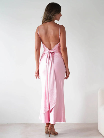 Cocolii longue robe en satin v-cou à fines brides dos nu sans manches femme casual élégant bal de promo de soirée pour mariage