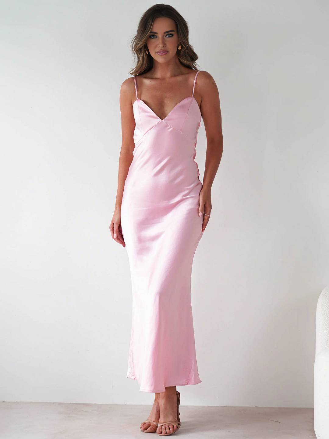 Cocolii longue robe en satin v-cou à fines brides dos nu sans manches femme casual élégant bal de promo de soirée pour mariage