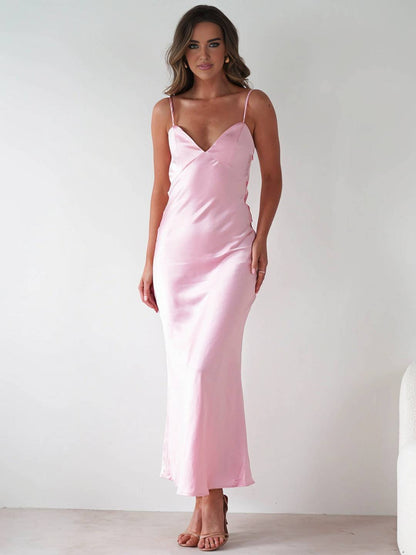 Cocolii longue robe en satin v-cou à fines brides dos nu sans manches femme casual élégant bal de promo de soirée pour mariage