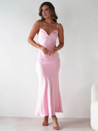 Cocolii longue robe en satin v-cou à fines brides dos nu sans manches femme casual élégant bal de promo de soirée pour mariage