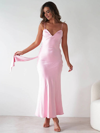 Cocolii longue robe en satin v-cou à fines brides dos nu sans manches femme casual élégant bal de promo de soirée pour mariage