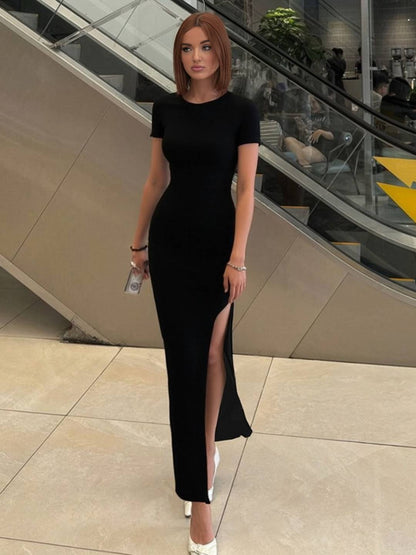 Cocolii longue robe moulante col rond fendu le côté manches courtes femme casual élégant simple mode vintage