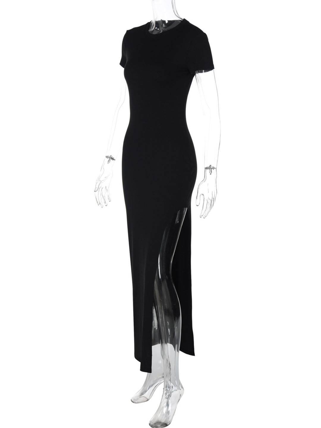 Cocolii longue robe moulante col rond fendu le côté manches courtes femme casual élégant simple mode vintage