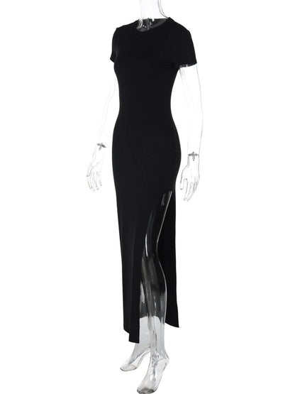 Cocolii longue robe moulante col rond fendu le côté manches courtes femme casual élégant simple mode vintage