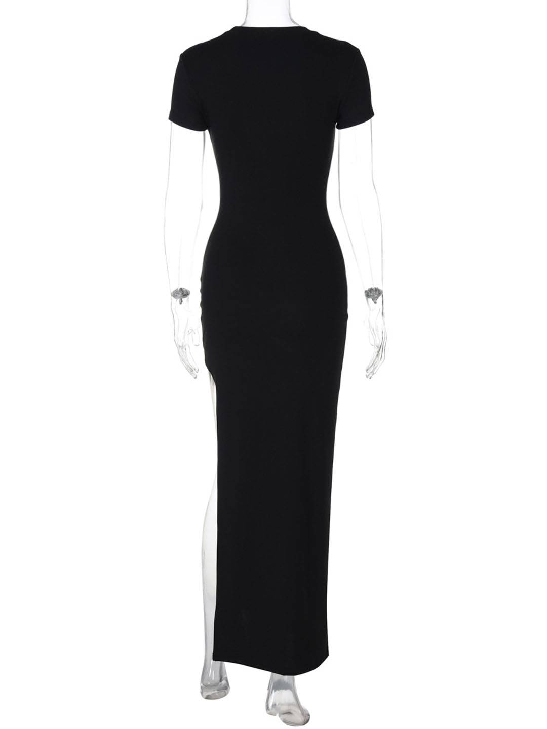 Cocolii longue robe moulante col rond fendu le côté manches courtes femme casual élégant simple mode vintage