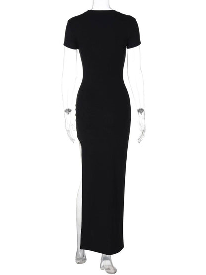 Cocolii longue robe moulante col rond fendu le côté manches courtes femme casual élégant simple mode vintage