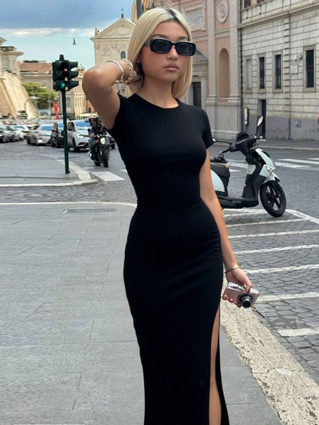 Cocolii longue robe moulante col rond fendu le côté manches courtes femme casual élégant simple mode vintage