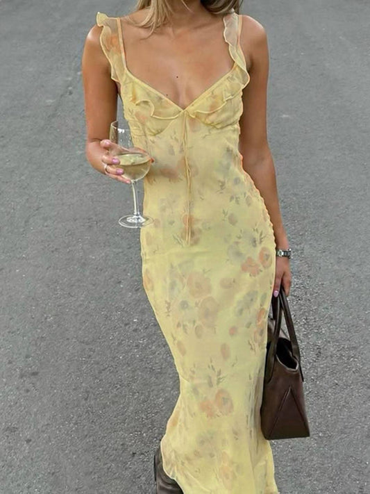 Cocolii longue robe moulante imprimé à fleurie à volantée sirene v-cou sans manches femme casual doux/élégant de plage