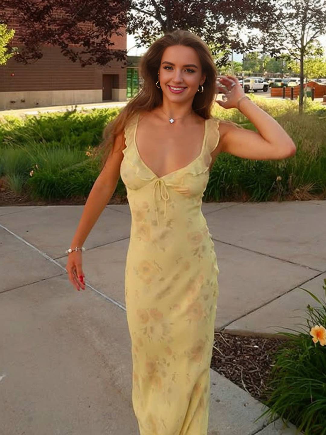 Cocolii longue robe moulante imprimé à fleurie à volantée sirene v-cou sans manches femme casual doux/élégant de plage