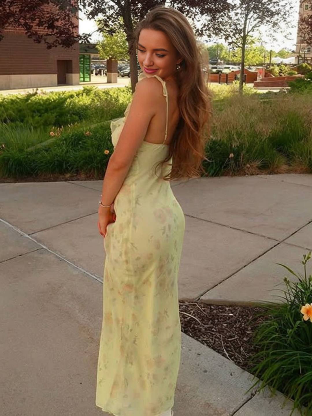 Cocolii longue robe moulante imprimé à fleurie à volantée sirene v-cou sans manches femme casual doux/élégant de plage