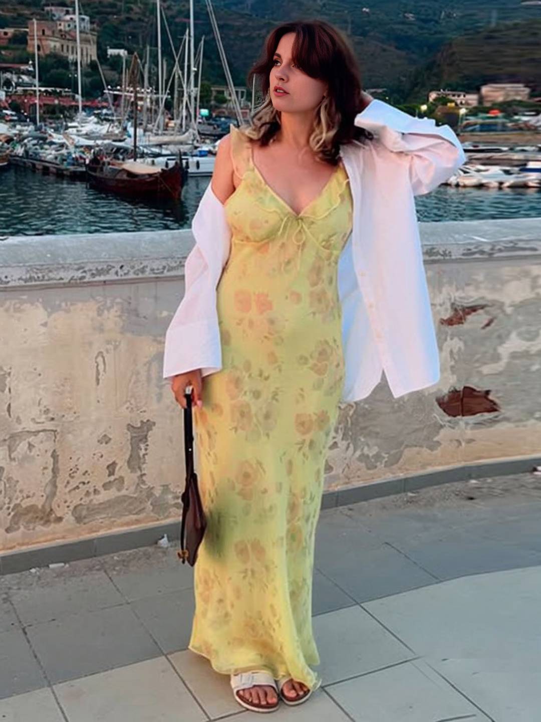 Cocolii longue robe moulante imprimé à fleurie à volantée sirene v-cou sans manches femme casual doux/élégant de plage