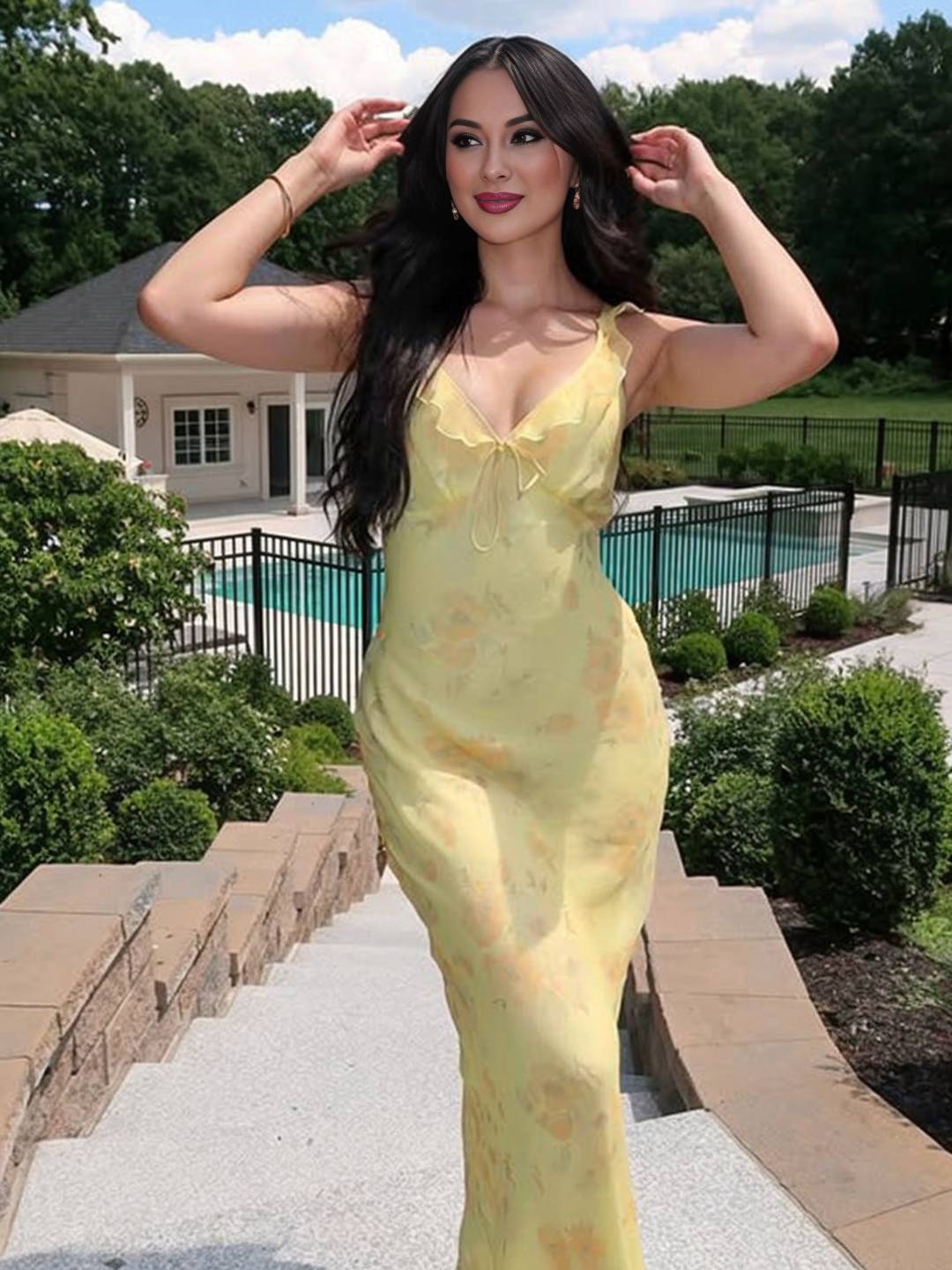 Cocolii longue robe moulante imprimé à fleurie à volantée sirene v-cou sans manches femme casual doux/élégant de plage