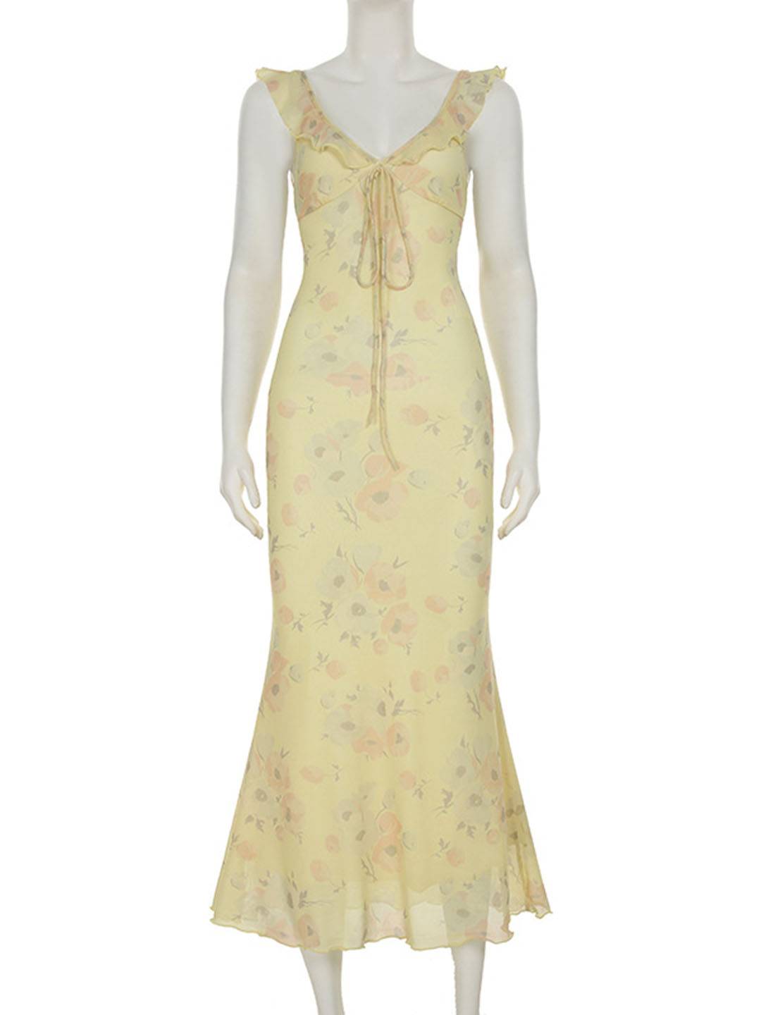 Cocolii longue robe moulante imprimé à fleurie à volantée sirene v-cou sans manches femme casual doux/élégant de plage