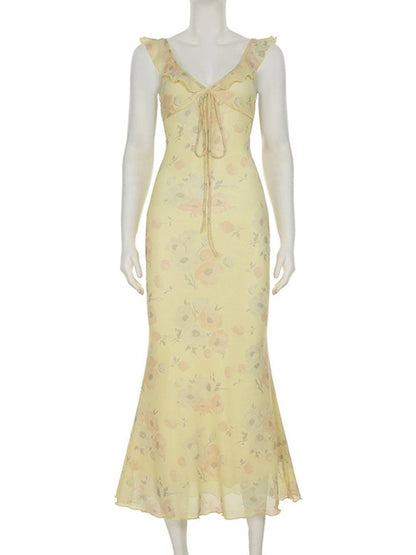 Cocolii longue robe moulante imprimé à fleurie à volantée sirene v-cou sans manches femme casual doux/élégant de plage