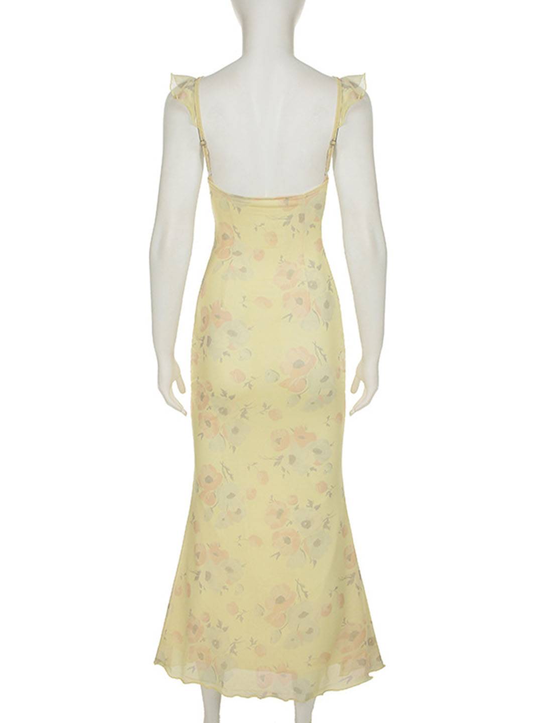 Cocolii longue robe moulante imprimé à fleurie à volantée sirene v-cou sans manches femme casual doux/élégant de plage