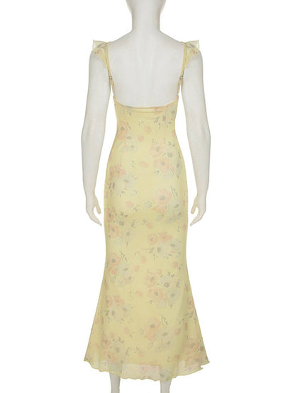 Cocolii longue robe moulante imprimé à fleurie à volantée sirene v-cou sans manches femme casual doux/élégant de plage