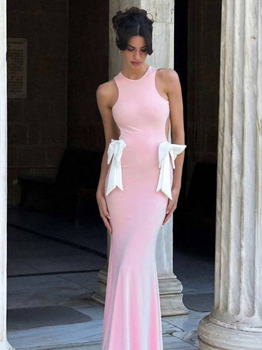 Cocolii robe longue col rond noeud papillon dos nu sirene sans manches femme doux élégant bal de promo anniversaire cérémonie