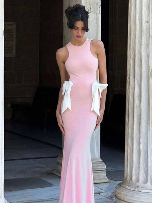 Cocolii robe longue col rond noeud papillon dos nu sirene sans manches femme doux élégant bal de promo anniversaire cérémonie