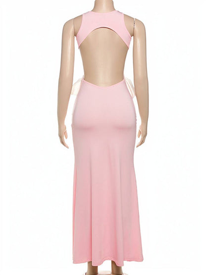 Cocolii robe longue col rond noeud papillon dos nu sirene sans manches femme doux élégant bal de promo anniversaire cérémonie