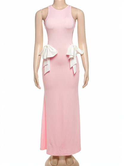 Cocolii robe longue col rond noeud papillon dos nu sirene sans manches femme doux élégant bal de promo anniversaire cérémonie