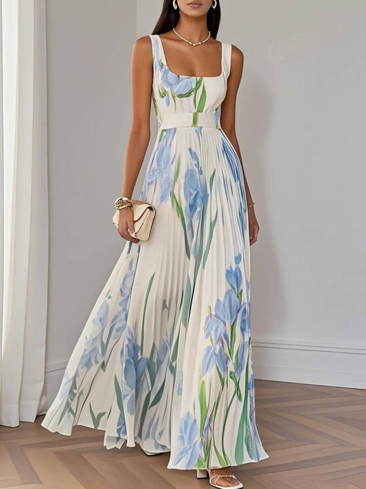 Cocolii longue robe imprimé à fleurie col carré plissé à fines brides sans manches femme élégant décontracté de soirée bal de promo