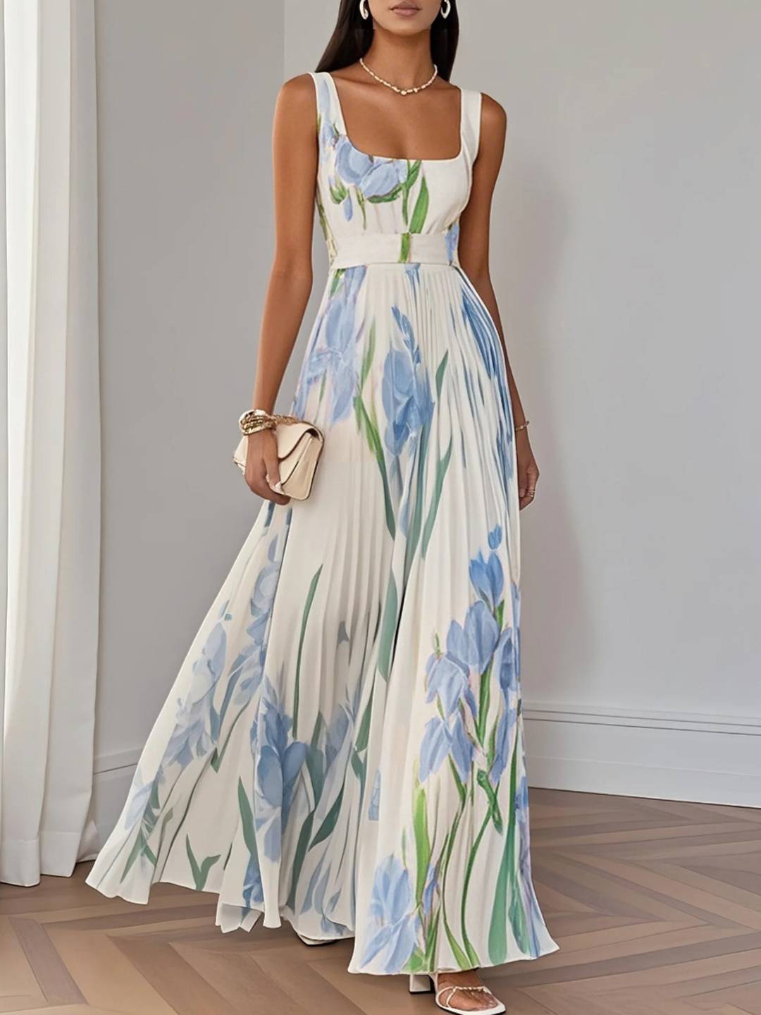 Cocolii longue robe imprimé à fleurie col carré plissé à fines brides sans manches femme élégant décontracté de soirée bal de promo