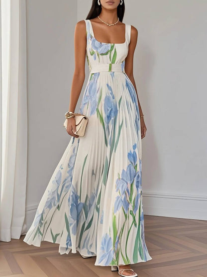 Cocolii longue robe imprimé à fleurie col carré plissé à fines brides sans manches femme élégant décontracté de soirée bal de promo