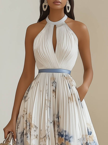 Cocolii robe longue imprimé à fleurie plissé ceinture licou sans manches découpes élégant de soirée bal de promo cérémonie