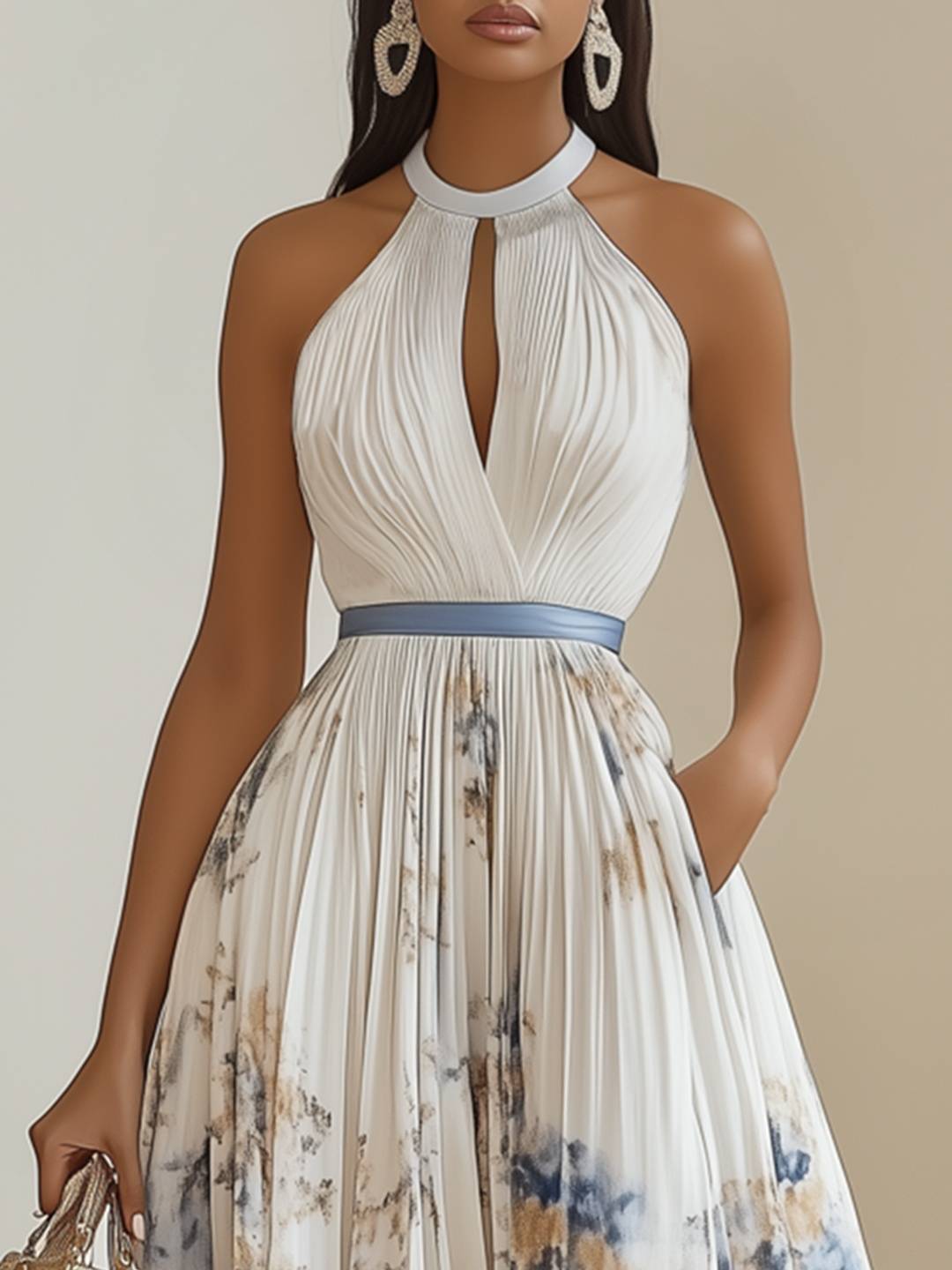 Cocolii robe longue imprimé à fleurie plissé ceinture licou sans manches découpes élégant de soirée bal de promo cérémonie