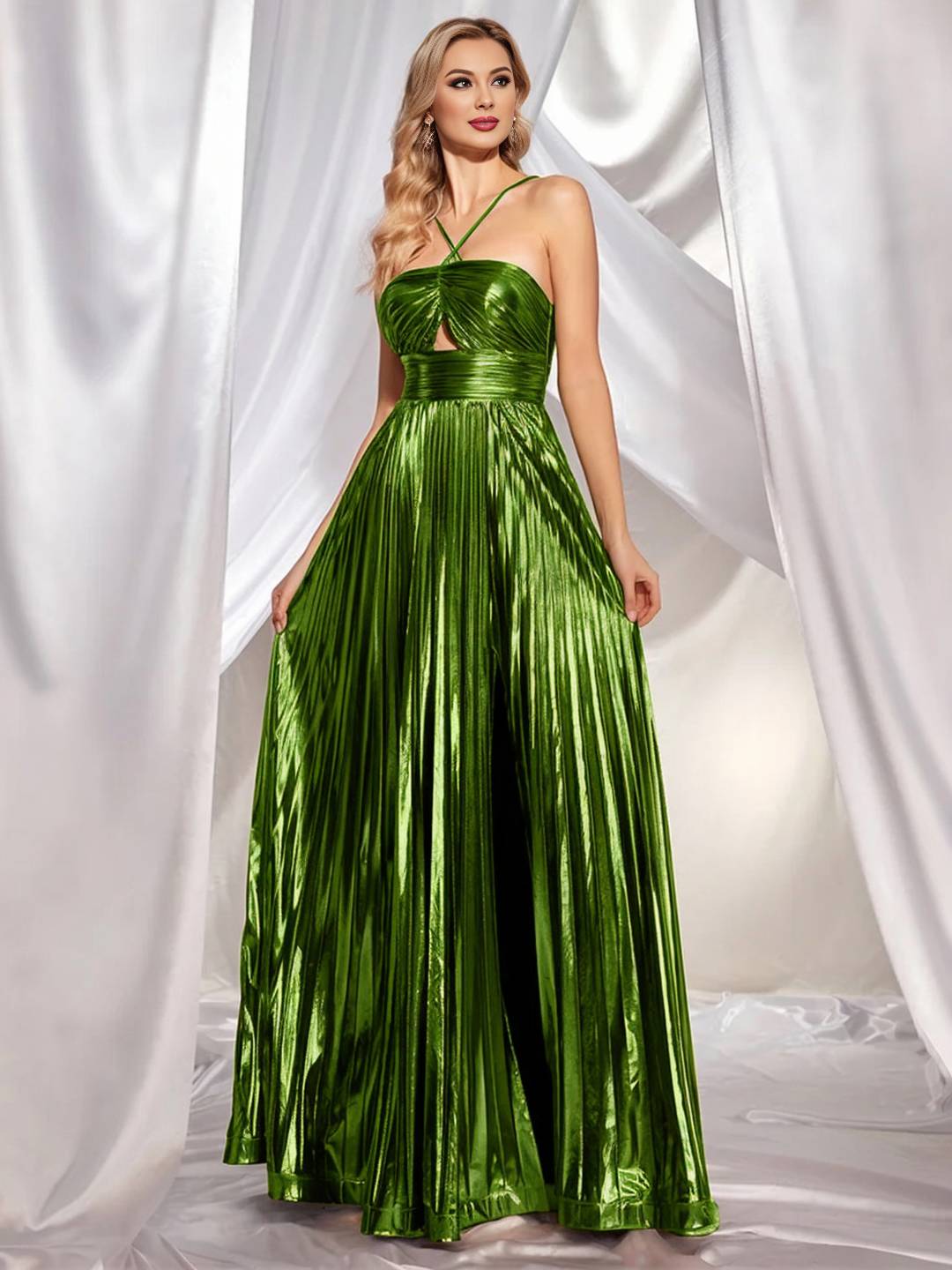 Cocolii longue robe couleur métallique plissé bustier fendu le côté croisé dos dos nu licou sans manches bal de promo cérémonie