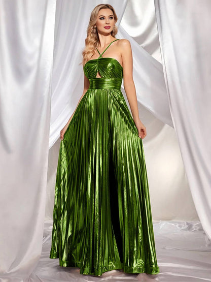 Cocolii longue robe couleur métallique plissé bustier fendu le côté croisé dos dos nu licou sans manches bal de promo cérémonie