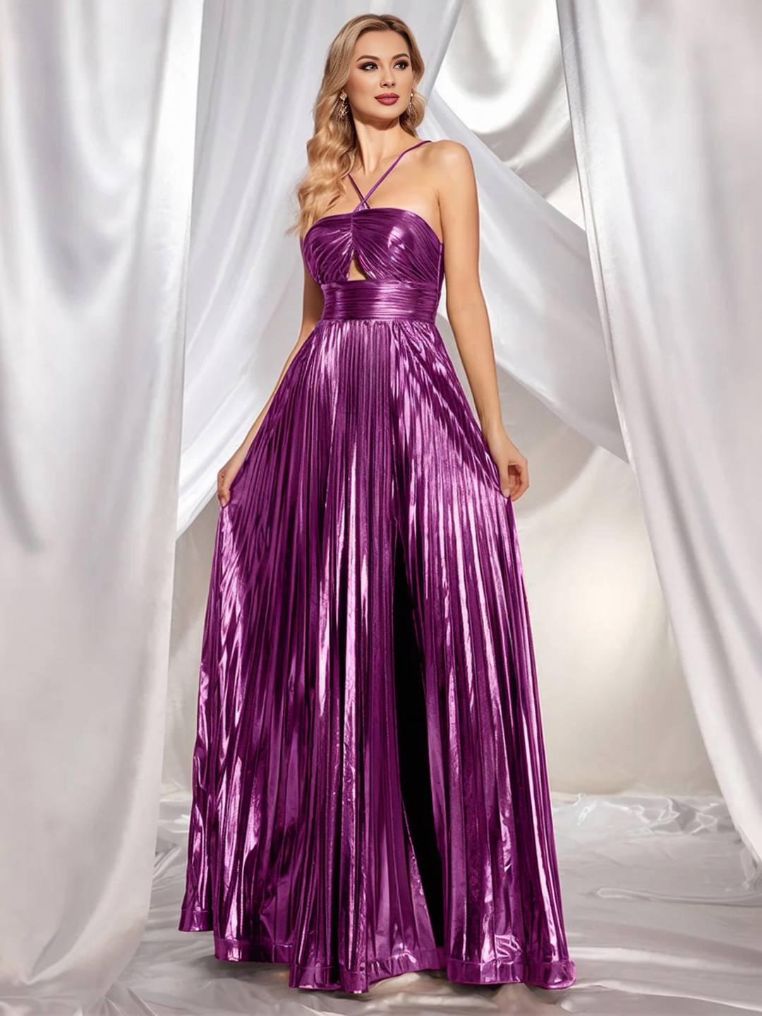 Cocolii longue robe couleur métallique plissé bustier fendu le côté croisé dos dos nu licou sans manches bal de promo cérémonie