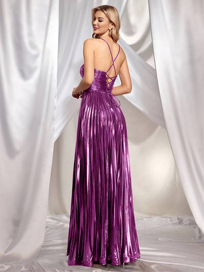 Cocolii longue robe couleur métallique plissé bustier fendu le côté croisé dos dos nu licou sans manches bal de promo cérémonie