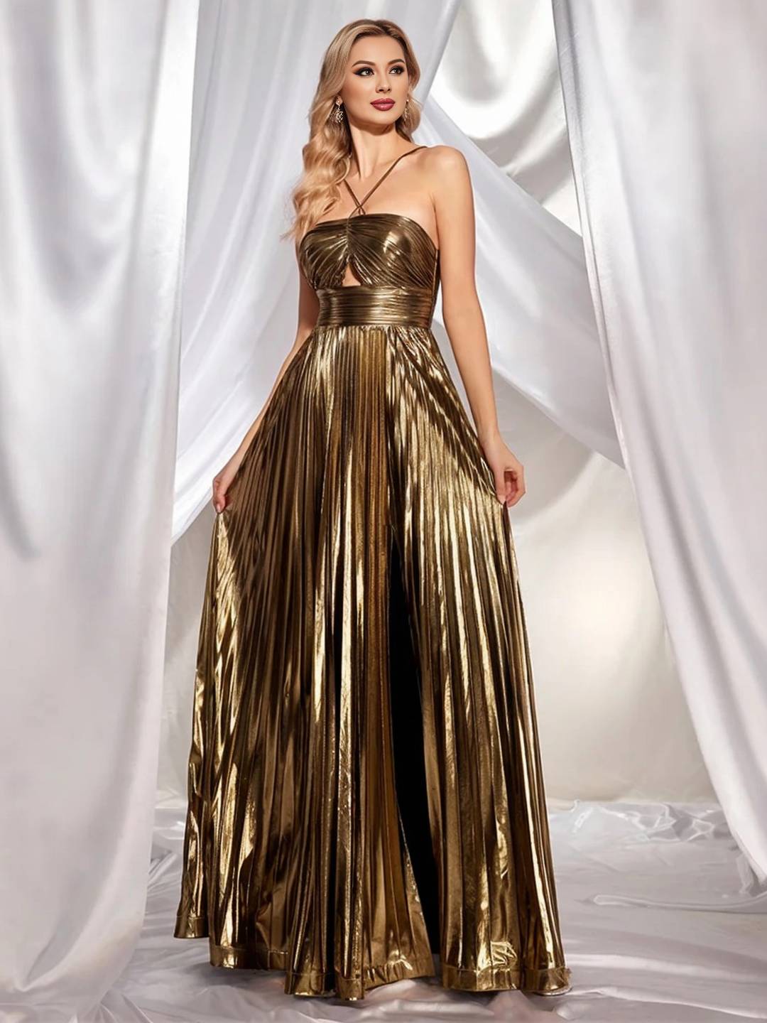 Cocolii longue robe couleur métallique plissé bustier fendu le côté croisé dos dos nu licou sans manches bal de promo cérémonie