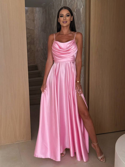 Cocolii longue robe en satin unicolore fendu le côté à fines brides col bénitier sans manches femme élégant de soirée cérémonie
