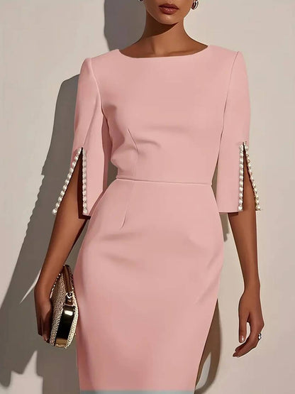 Cocolii longue robe moulante unicolore col rond manches fendues casual style tailleur élégant mode de cocktail cérémonie