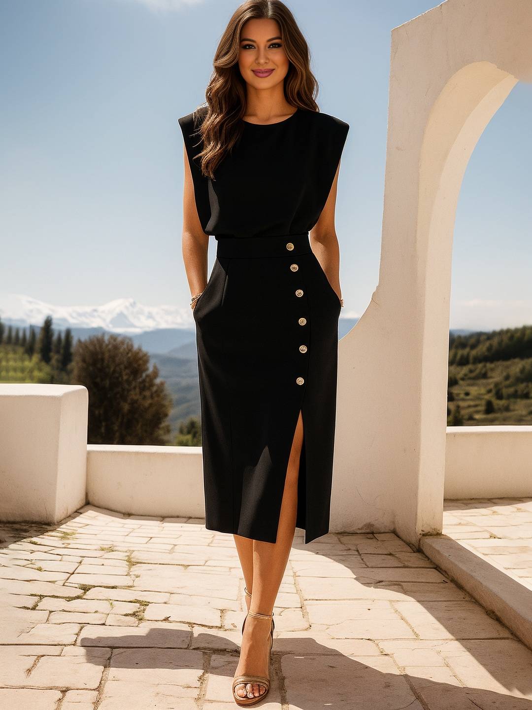 Cocolii robe de bureau unicolore col rond sans manches boutons fendu femme style tailleur élégant mode de cocktail cérémonie