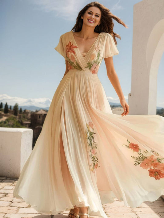 Cocolii robe longue imprimé à fleurie fluide v-cou manches courtes femme élégant décontracté bal de promo champetre