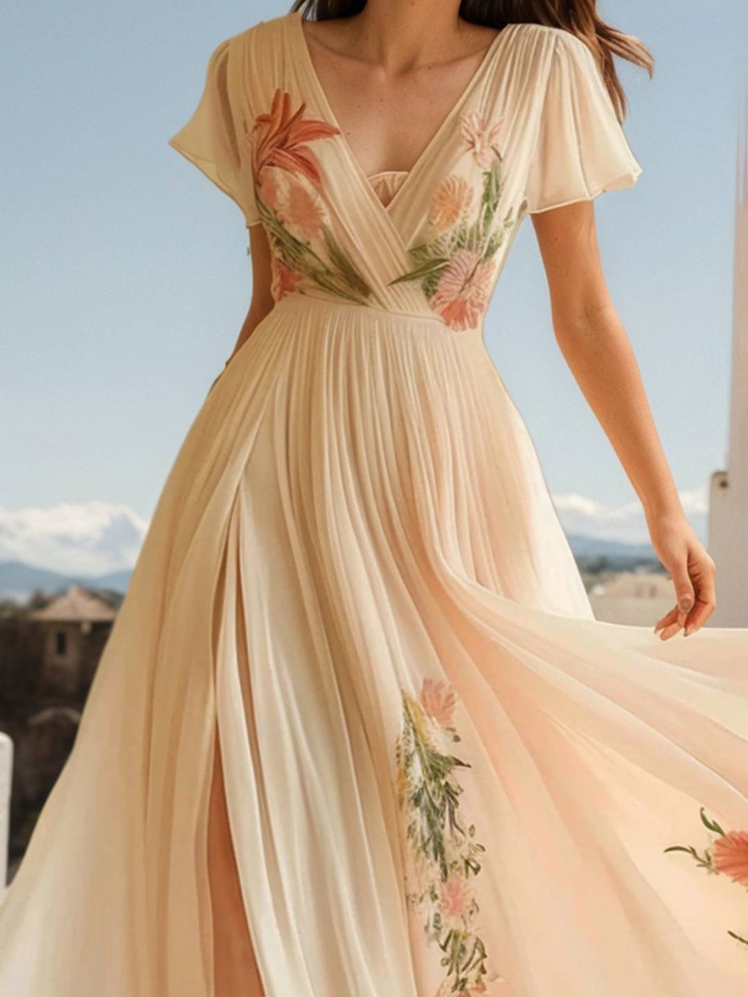 Cocolii robe longue imprimé à fleurie fluide v-cou manches courtes femme élégant décontracté bal de promo champetre