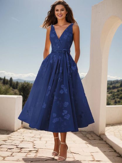 Cocolii mi-longue robe trapèze classique à col en v et broderies de nœuds sans manches doux bal de promo anniversaire