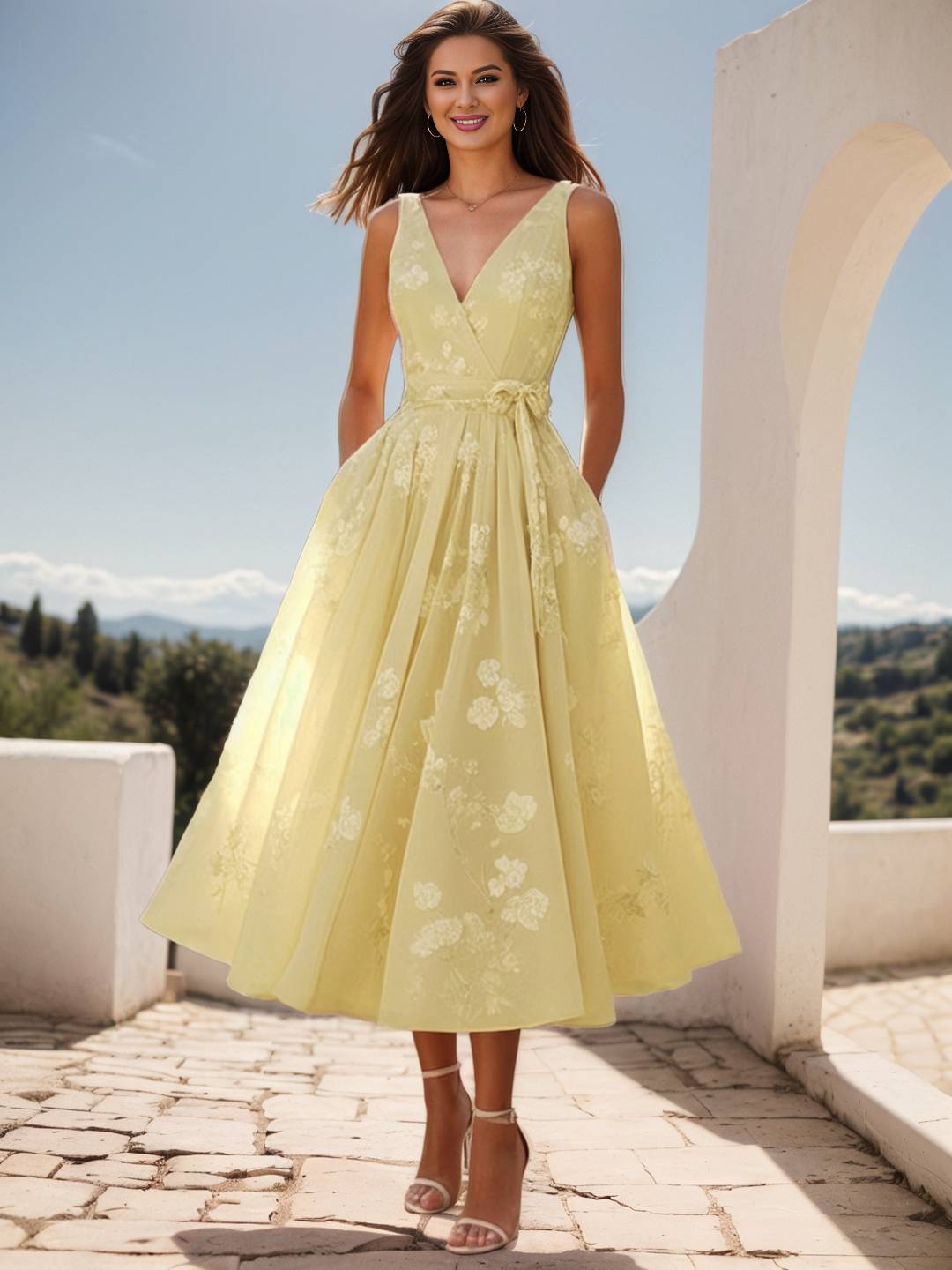 Cocolii mi-longue robe trapèze classique à col en v et broderies de nœuds sans manches doux bal de promo anniversaire