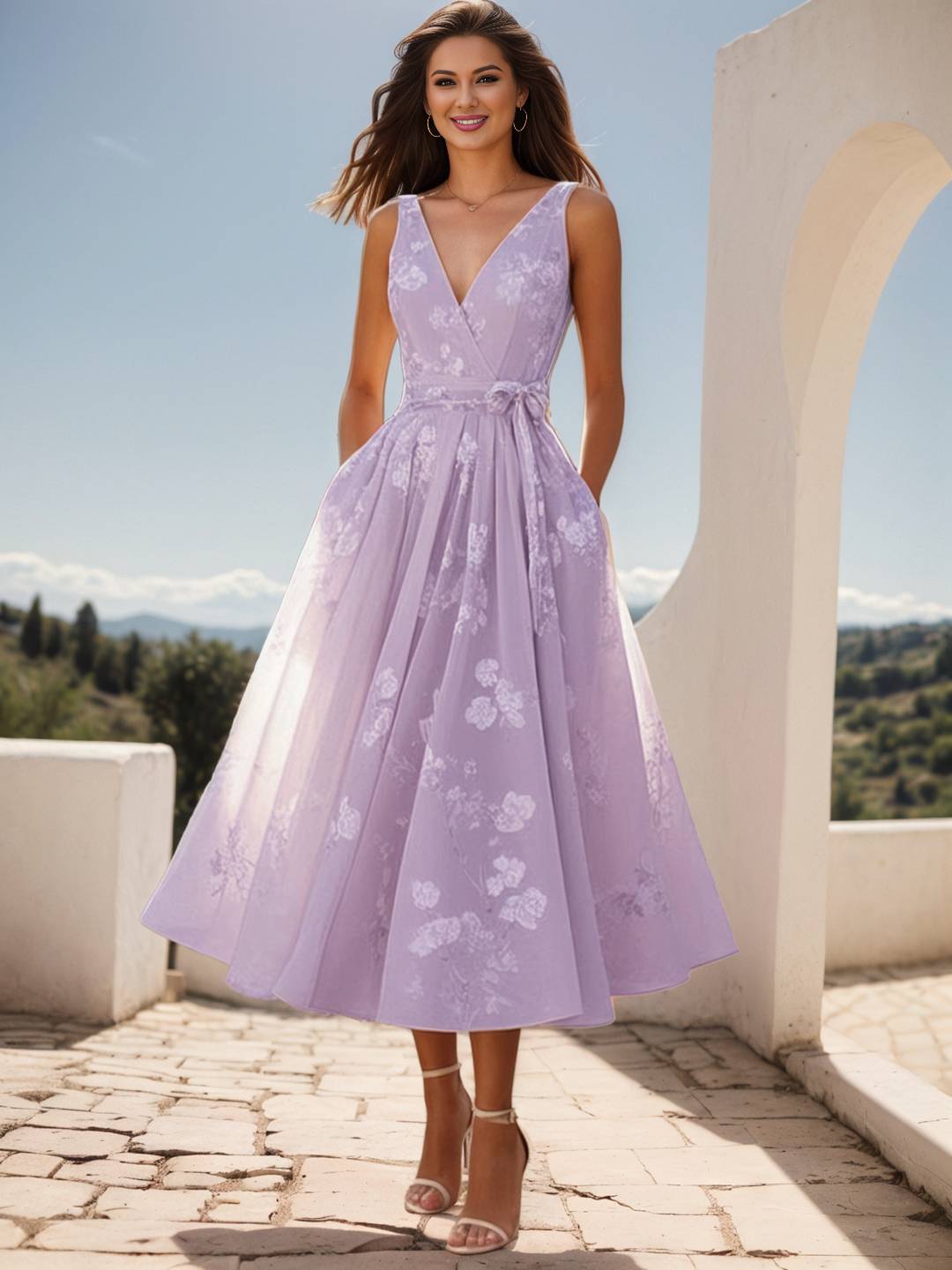 Cocolii mi-longue robe trapèze classique à col en v et broderies de nœuds sans manches doux bal de promo anniversaire