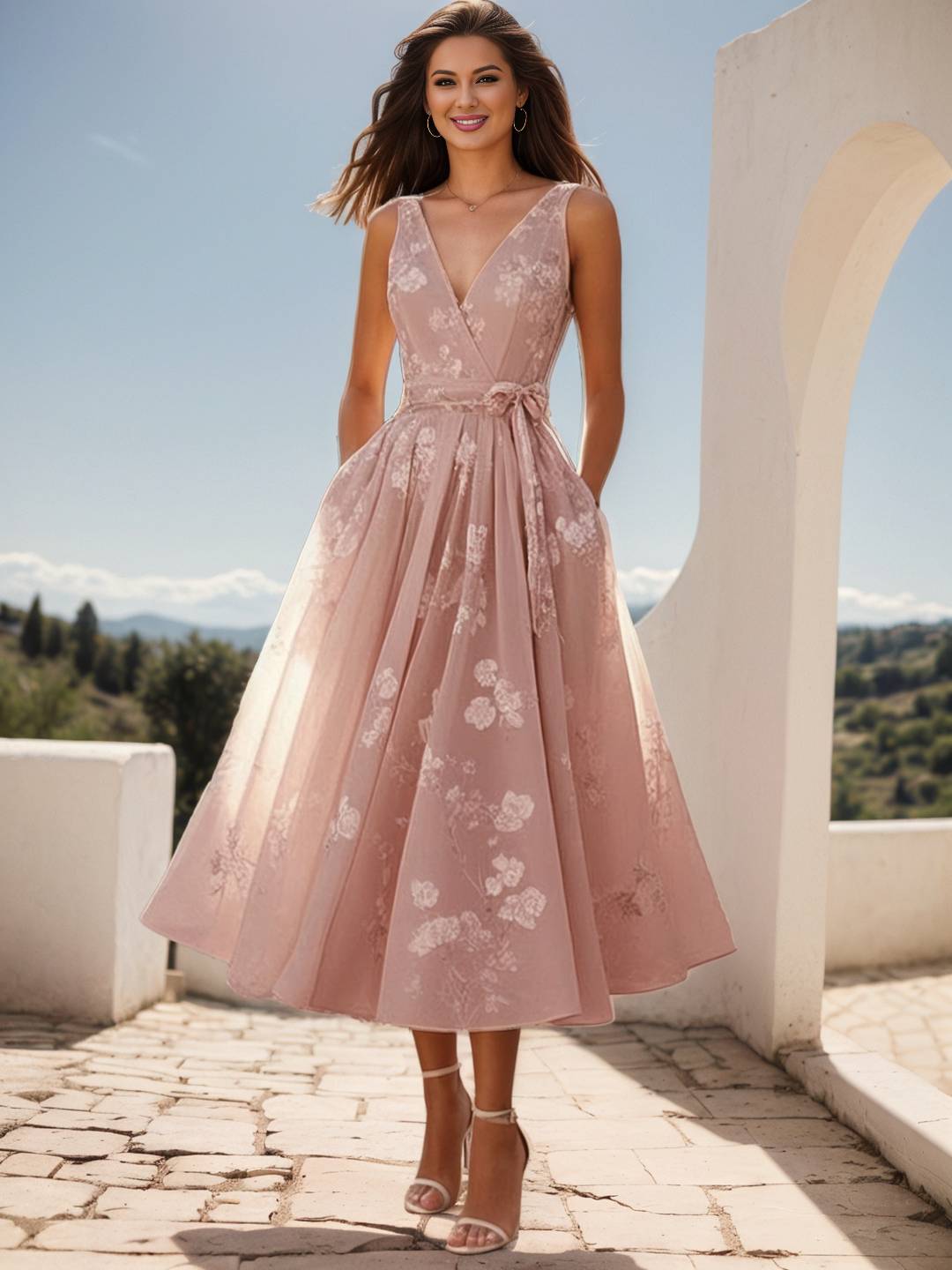 Cocolii mi-longue robe trapèze classique à col en v et broderies de nœuds sans manches doux bal de promo anniversaire