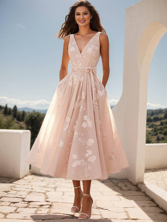 Cocolii mi-longue robe trapèze classique à col en v et broderies de nœuds sans manches doux bal de promo anniversaire