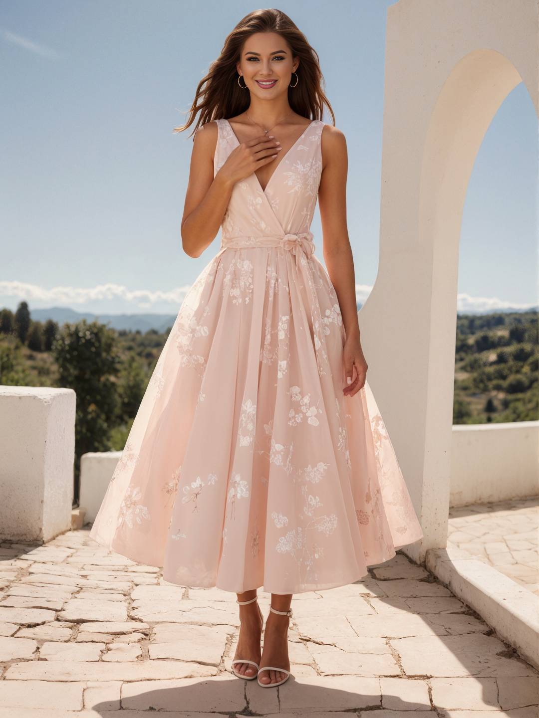 Cocolii mi-longue robe trapèze classique à col en v et broderies de nœuds sans manches doux bal de promo anniversaire