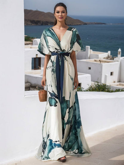 Cocolii robe longue imprimé à fleurie v-cou manches courtes ceinture élégant décontracté vintage bal de promo de plage